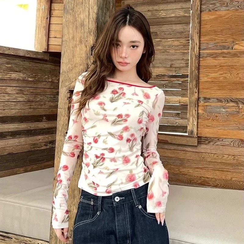 Autumn Women T-shirts Korean Version Round Neck Rose Print Slim Sexy Backless Mesh Long Sleeve Top