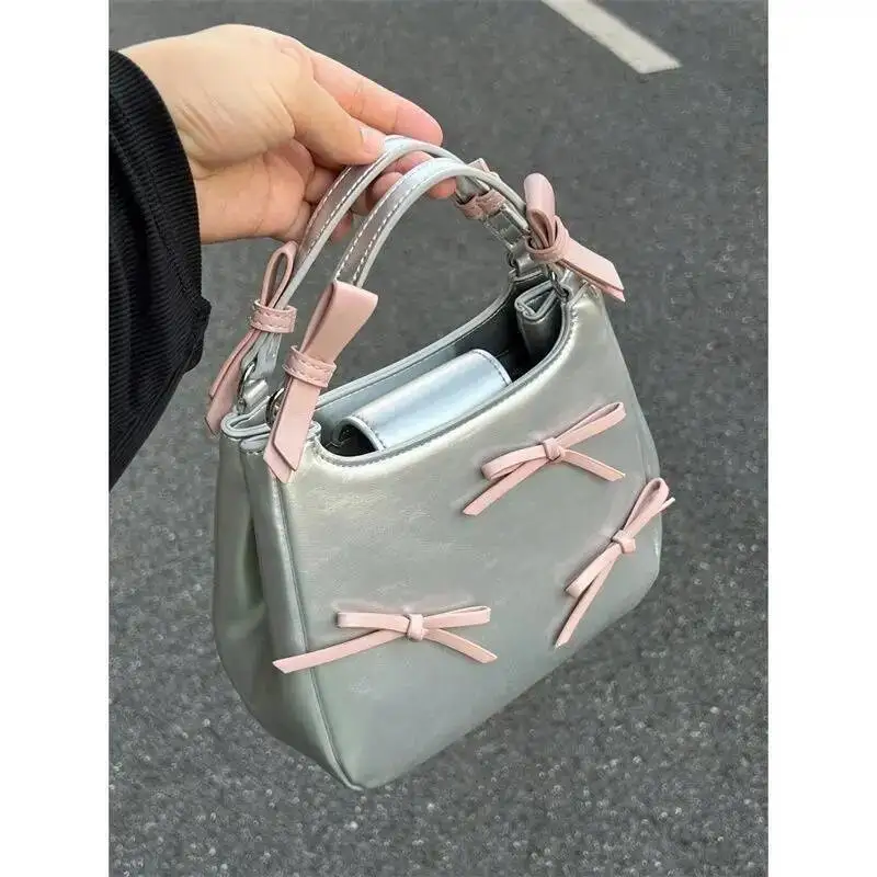 Bloom Hot Girls Y2k Hand Purse Female Sweet Cool Bow Handle Blue Bucket Bag Women Haruku Aesthetic Casual Crossbody Bags