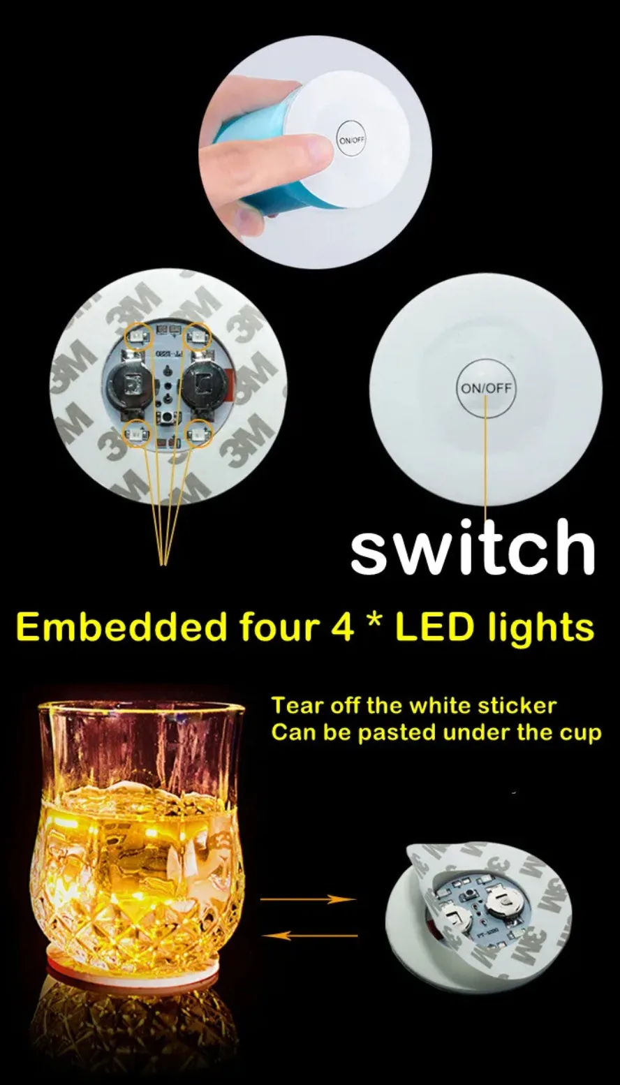 LED Emit Light Coaster Wholesale with Battery Wine Glass Mat Cup Pad Sticker Bottle Drinking Club Bar Party Decor Night Light