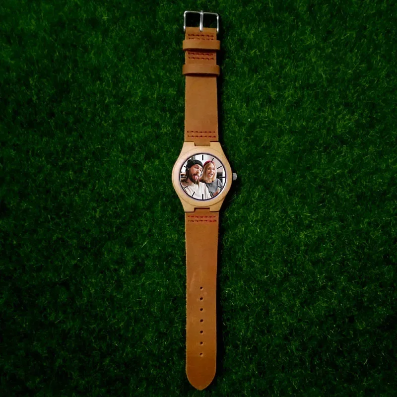 A3315m ساعة خشبية مخصصة للصور مطبوعة بشعار العلامة التجارية الخاصة بك من جلد الخيزران كوارتز كاجوال للرجال ساعات إبداعية خشبية