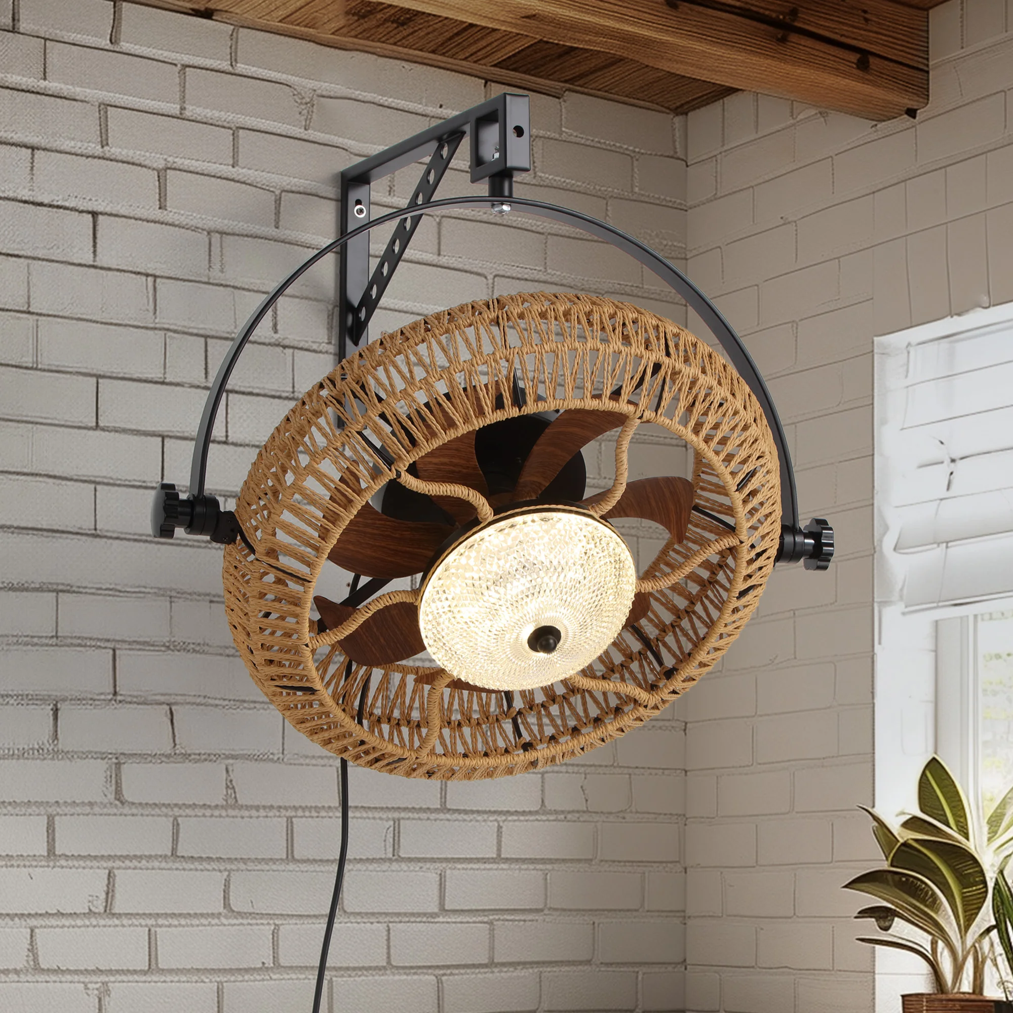 

Wall-Mounted Luminous Hemp Rope Fan Light with Wood Grain Blades Remote & App Control for Living Room Decor