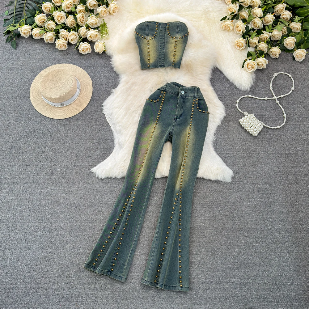 

Summer Vintage Denim Rivet Strapless Vest Tops + High-waisted Flare Jeans Pants Women Clothing Suits