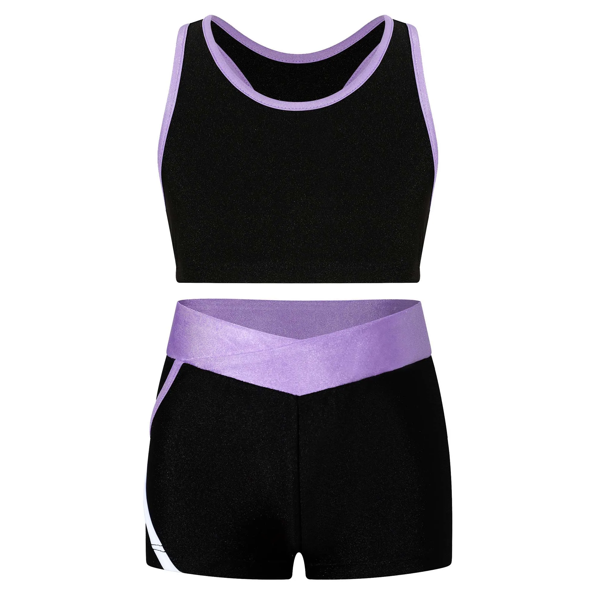 Kids Girls Two Pieces Swimsuit Swimwear Sleeveless Contrast Trim Crop Tops with Skinny Shorts Racer Back Fitness Costume