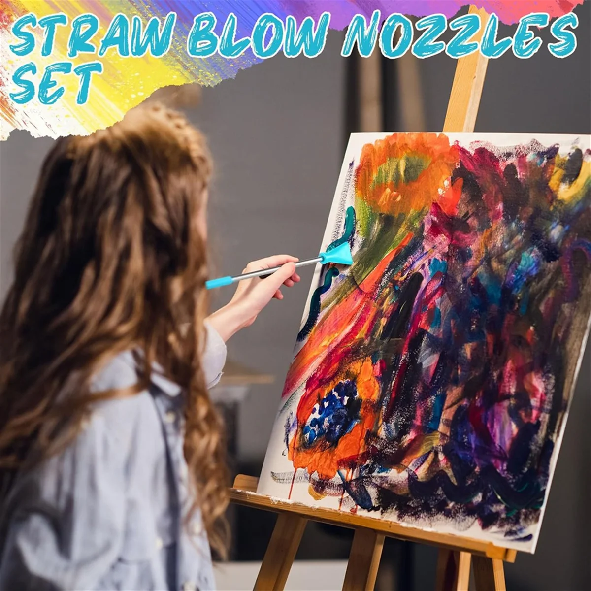 A79G 8 قطع من لوازم طلاء الأكريليك، مجموعة فوهات نفخ القش المصنوعة من الفولاذ المقاوم للصدأ، أدوات فنية سائلة، لفن السوائل بلوم الأزرق
