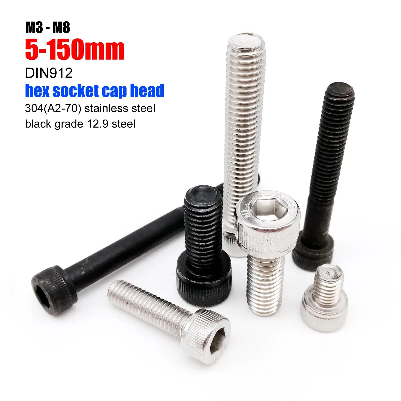 10pcs M3 M4 M5 M6 M8 304 A2 Stainless Steel Black grade 12.9 steel DIN912 Hexagon Hex Socket Head Cap Allen Bolt Screw L=5-150mm