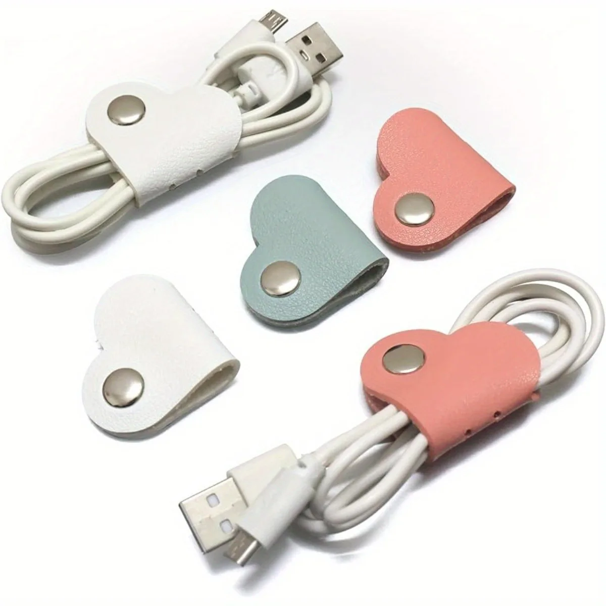 10-Pack Heart-Shaped Faux Leather Cable Straps, Multi-Color Organizer, Cable Management Clips, Cable Fixator Set