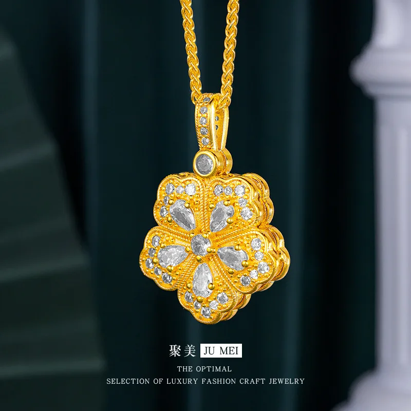 

vintage mid-style 24K real gold full diamond five-leaf clover pendant 9999 high-end sense diamond red corundum flower necklace