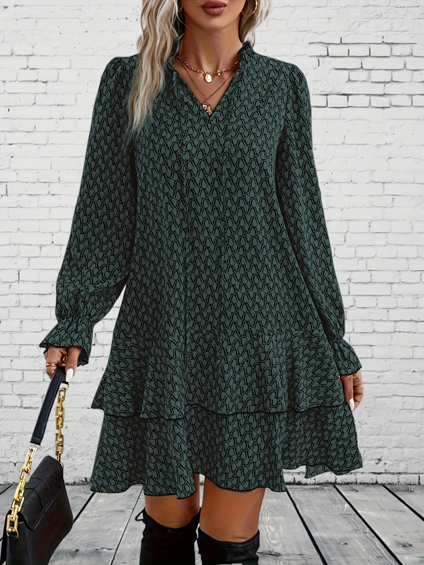 

Плюс размер 1XL-5XL женское модное платье с принтом с v-образным вырезом повседневное вечерние с длинными рукавами и расклешенными рукавами с рюшами свободное платье