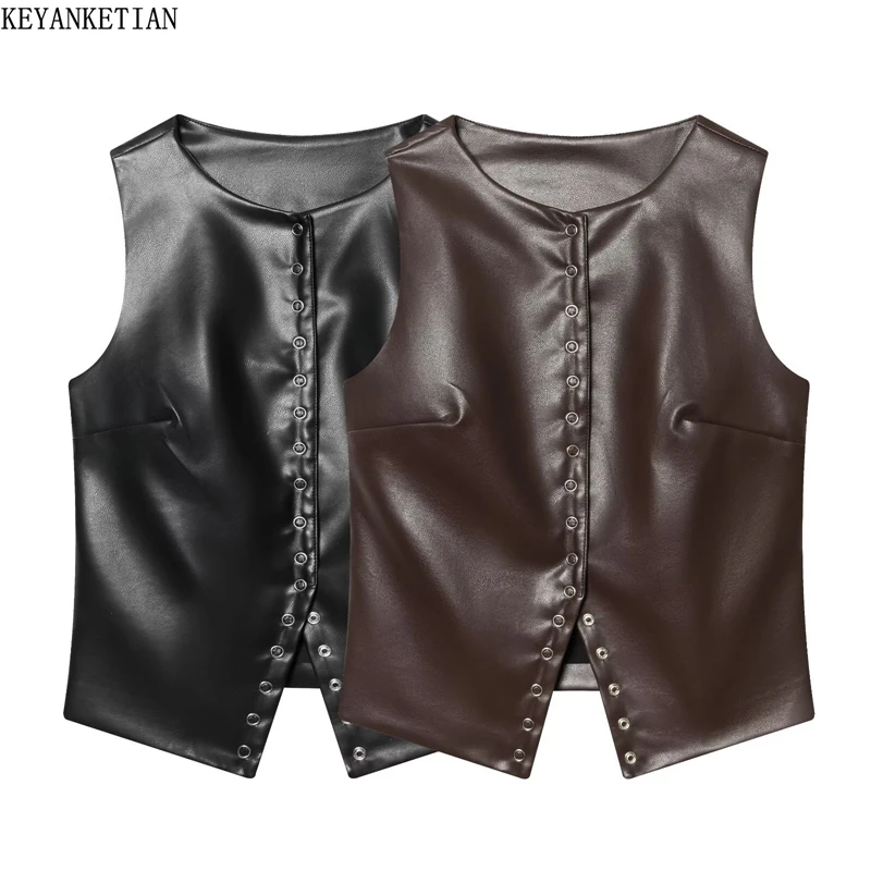 

KEYANKETIAN 2026 New Women's Vintage 90s Faux Leather Vest Sleeveless Round Neck Single Breasted Slim Fit Streetwear Camisole