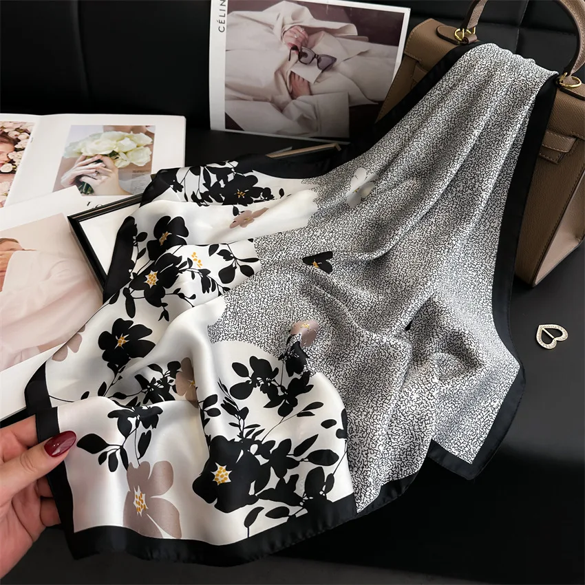 Flower Leaves Print Small Square Scarf Simulated Silk Thin Neck Scarf Color Block Sunscreen Headscarf For Women