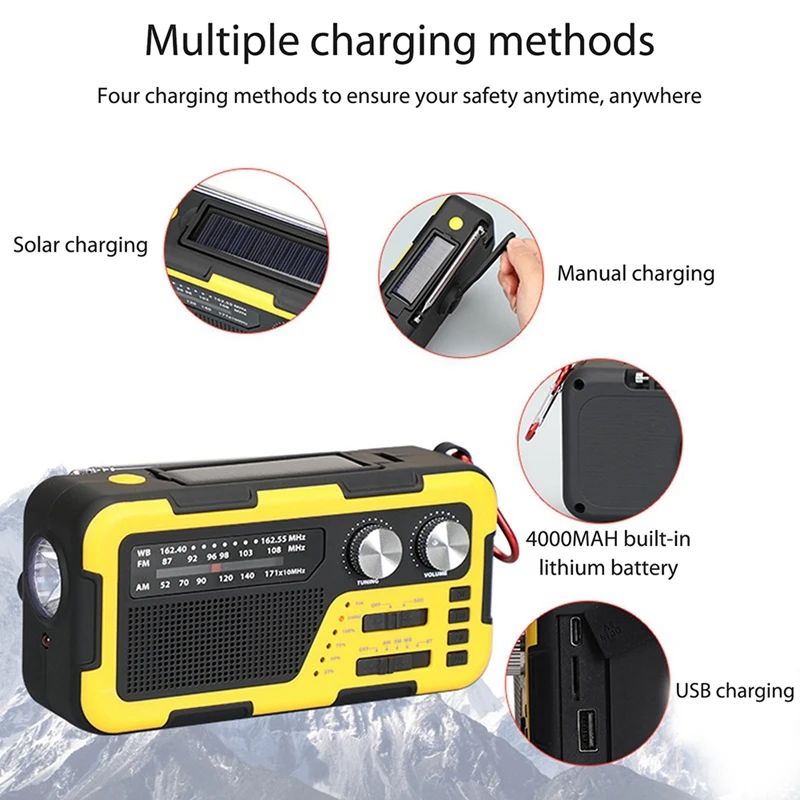 Radio de emergencia con manivela USB, luz de lectura, carga Solar, amarilla, 4000Mah, 3,5 Mm, Conector de auriculares para mochilero al aire libre