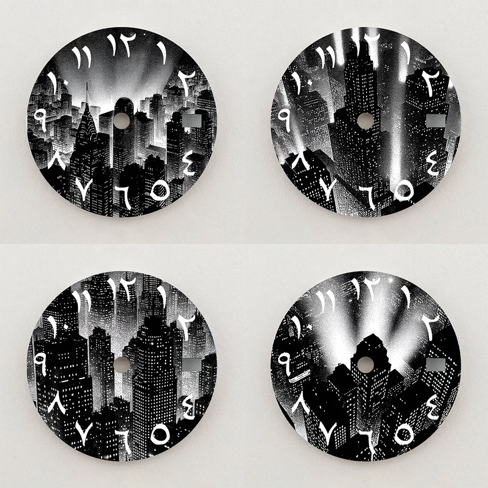 28.5mm Dial NH35 Dial Black White City Skyscraper Arabic Numeral Dial NH36 Dial Watch Accessories Fits NH35/NH36 Movements