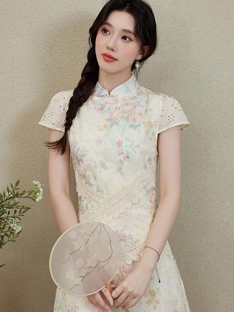 SMTHMA ประณีตใหม่สไตล์จีน Cheongsam ผู้หญิงฤดูร้อนชุดสุภาพสตรี Lace Hollow Out ปลอม 2 ชิ้นชุดเย็บปักถักร้อยดอกไม้