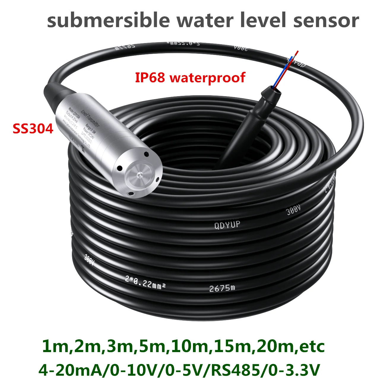 Transmissor de Nível de Água Submersível Sensor de Nível Líquido 010v 420ma Rs485 05m