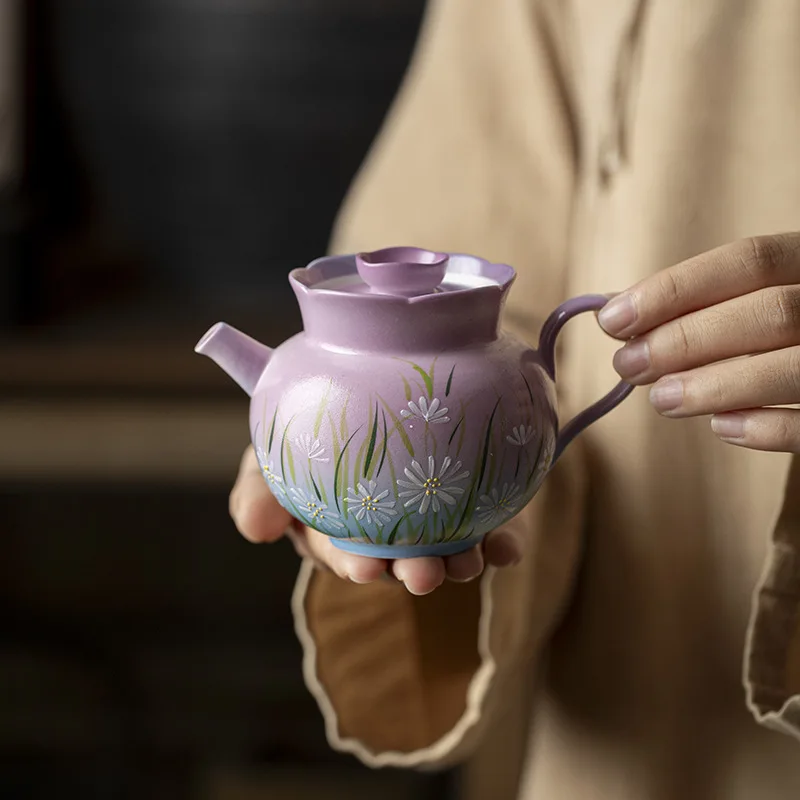Gradient Purple Pure Hand Painted Ceramic Tea Set Household Brewing with Ball Hole Filter Teapot Oil Painting Style Underglaze