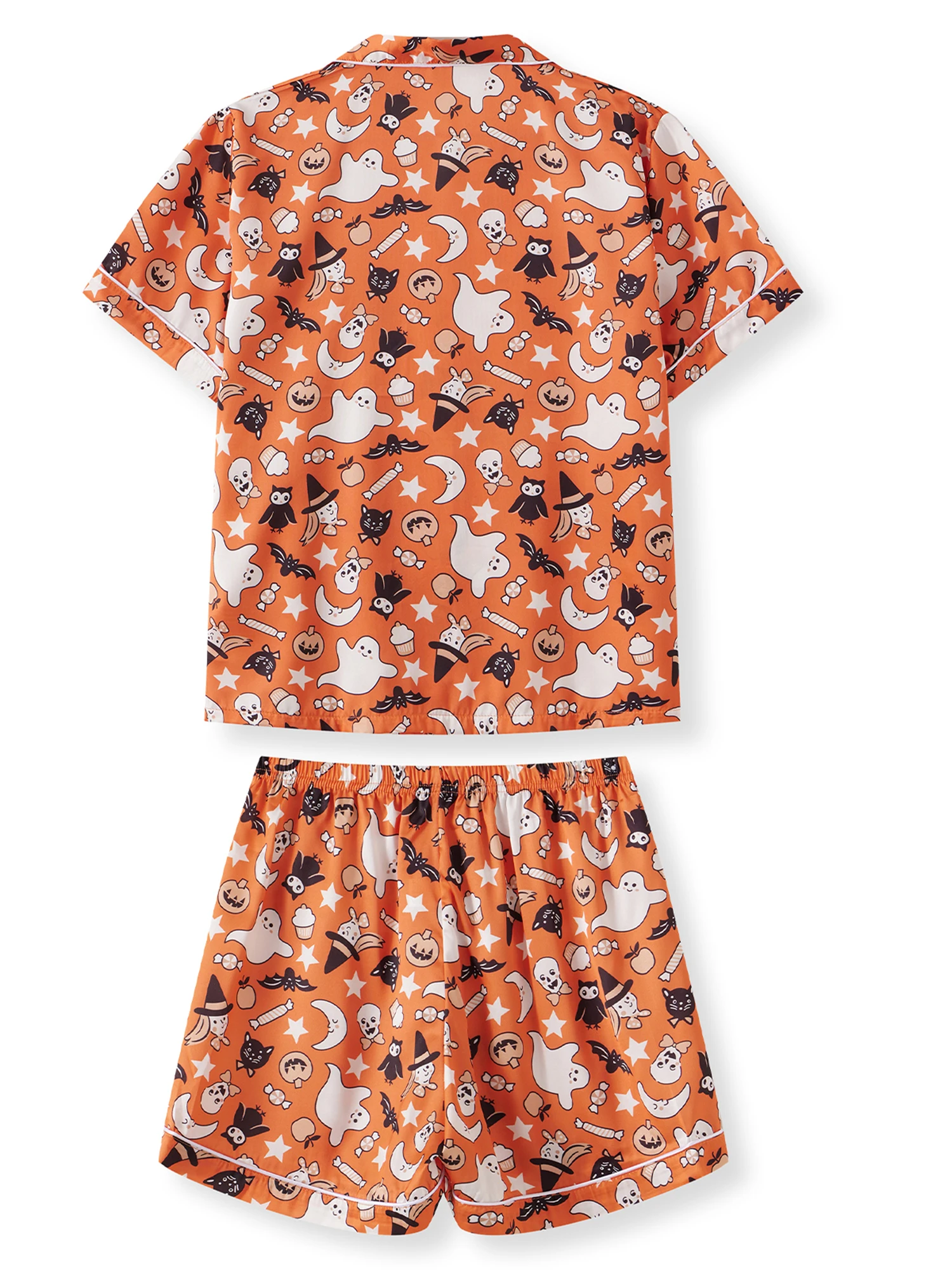 

Women s Halloween Pajamas Set with Spooky Print Tie Bow Front Lapel V Neck Short Sleeve Tops and Shorts Lounge Wear 2 Pcs