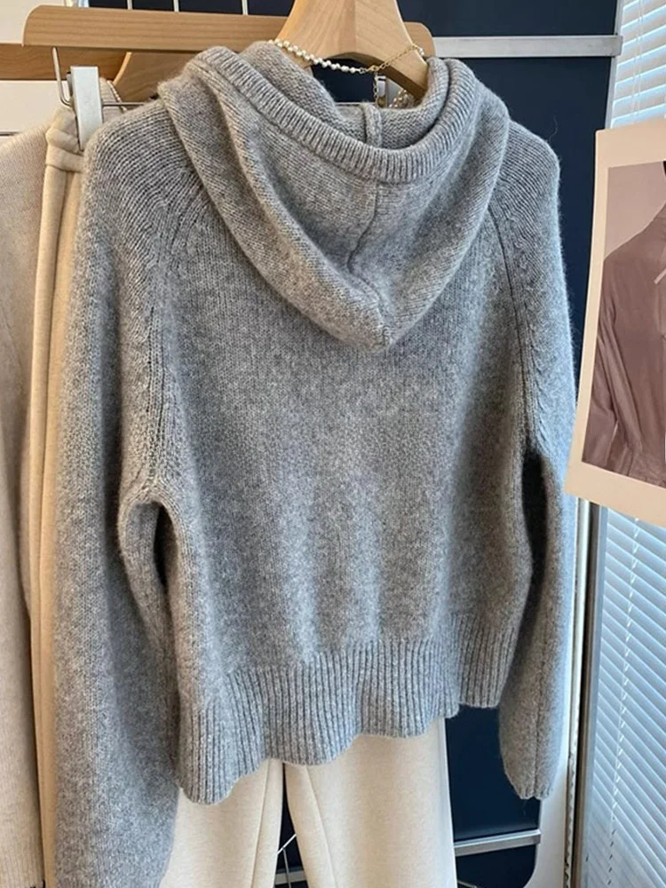 Cómoda suéter con capucha de Color puro Dstring largo Sve Overhead Simple coreano Sle adelgazante Top de punto para mujer