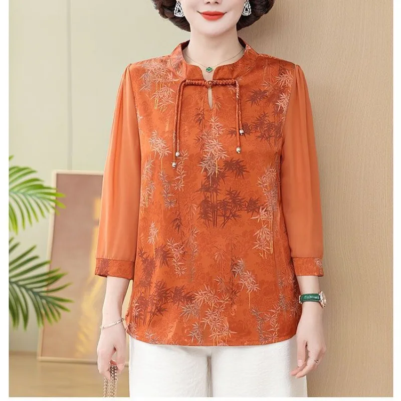 Women's Spring Summer Chinese Style Retro Contrast Color Round Neck Button Printed Shirts 3/4 Sleeve Loose Pullover T-shirt Tops