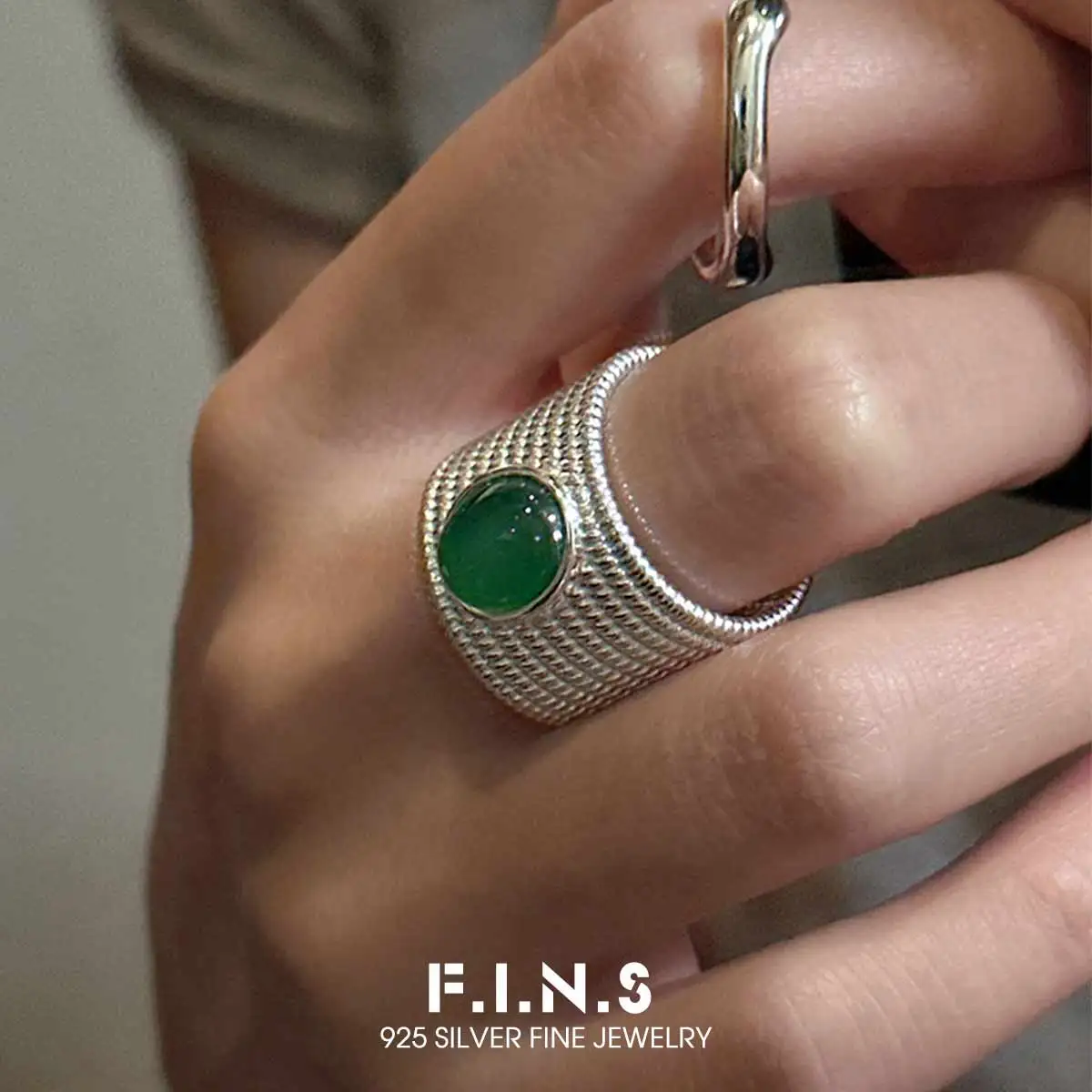 

F.I.N.S Original S925 Sterling Silver Green Agate Ring Korean Fashion Minimalist Vintage Wide Finger Band Fine Jewelry Accessory