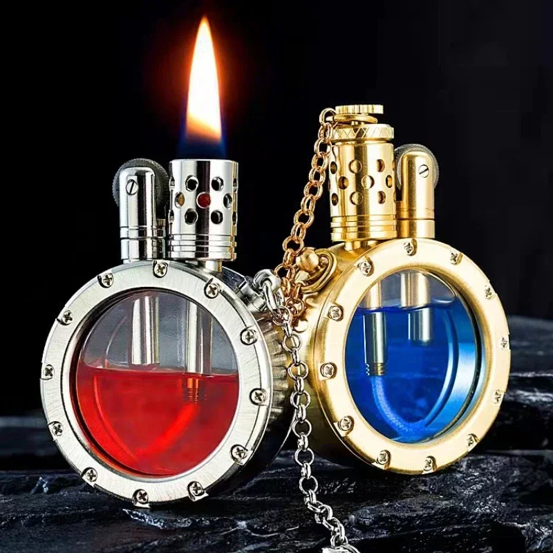 Nostalgic Pocket Watch Style Handmade Pure Copper Fuel Lighter with Transparent Fuel Tank Creative Collection Gift for Men