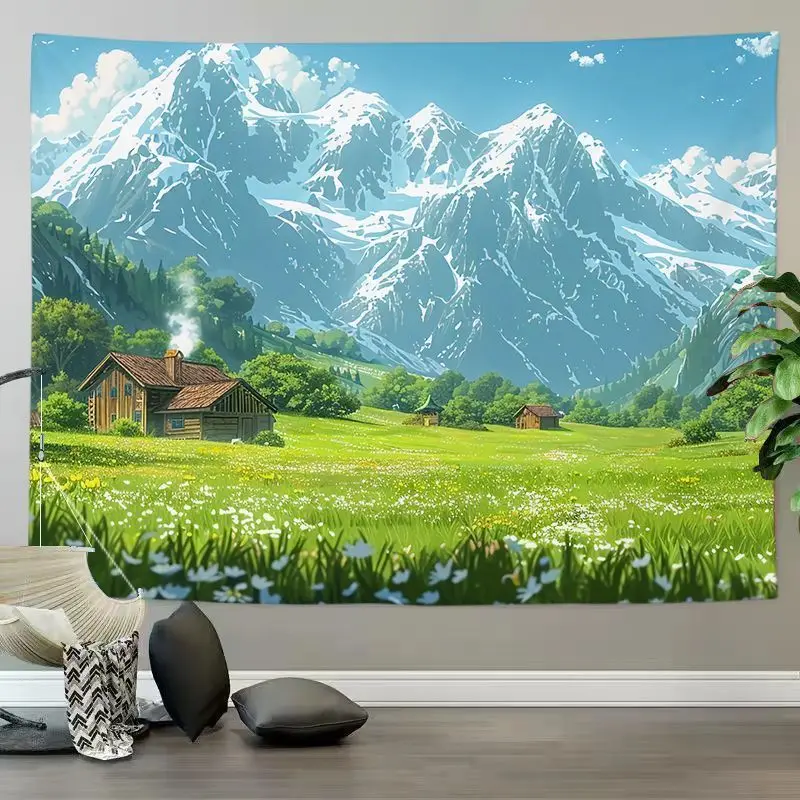 VIKAMA Japanese Anime Countryside Hut Tapestry, HD Wear-Resistant Background Cloth for Cozy Living Room Decoration