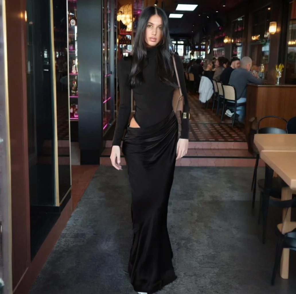 JY243082025 秋のロングエレガントセクシーサテンパッチワークホローアウトドレス（女性用）