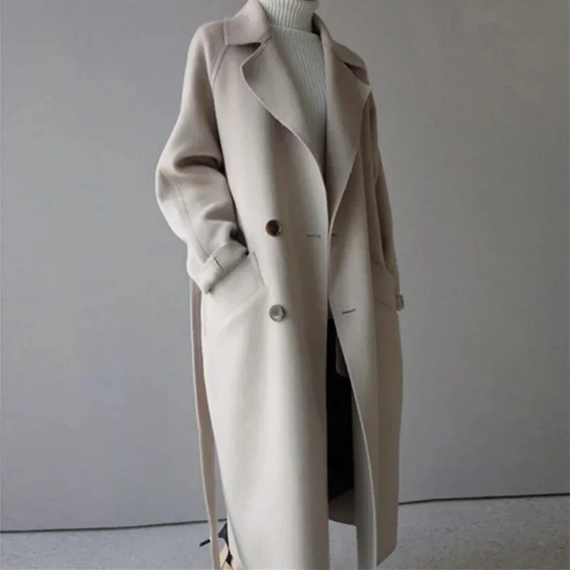 

Winter Women New Wool Solid Coat Fashion Long Classic OversizeCoats Ladies Korean Vingate Woolen Overcoat Warmness Outwear