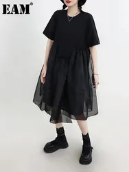 [EAM] Women Black Organza Big Size Casual Dress New Round Neck Short Sleeve Loose Fit Fashion Tide Spring Summer 2024 1DF5074