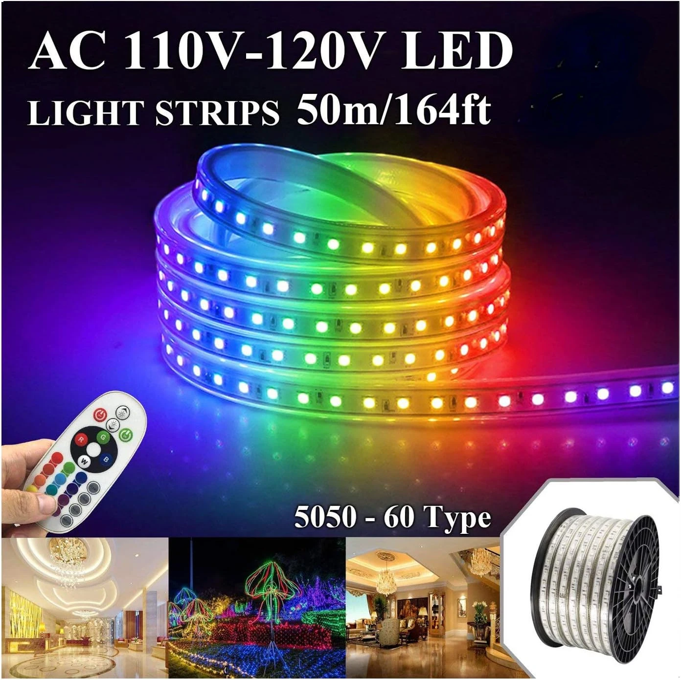 5050-60 Type AC 110-120V RGB LED Strip Lights, Flexible/Waterproof/Dimmable/Multi-Colors/Multi-Modes