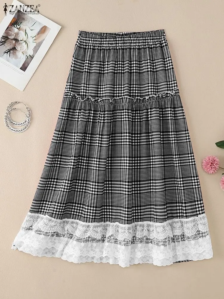 ZANZEA 女性ファッションレースパッチワークチェック柄ロングスカートエレガントな弾性ウエストフリルトリムチェック A ラインスカート女性カジュアルウェア
