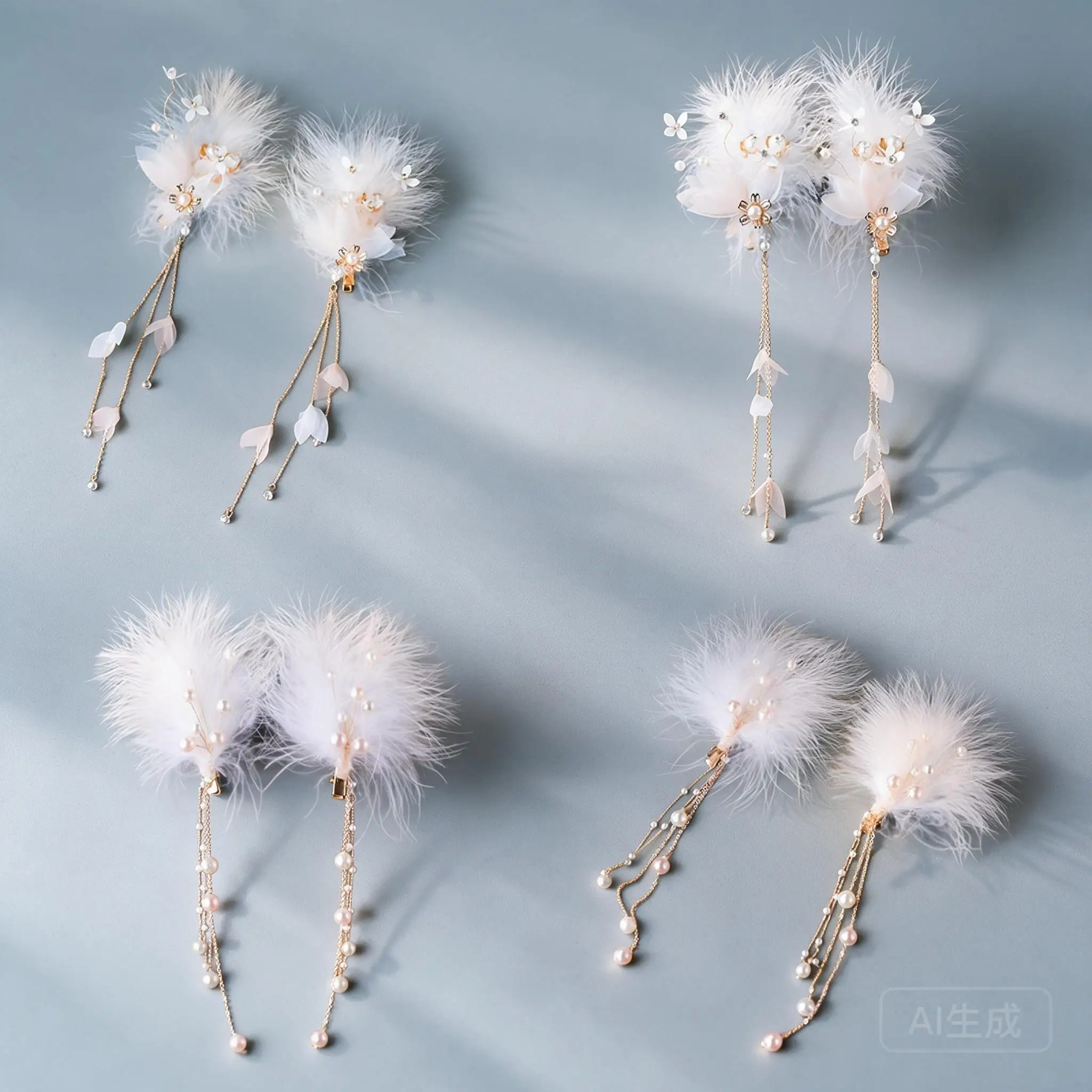 Elegant Fairy Feather Hair Clips Long Faux Pearl Tassel Side Barrettes For Women Hanfu Cosplay Party Daily Wear Hair Accessories