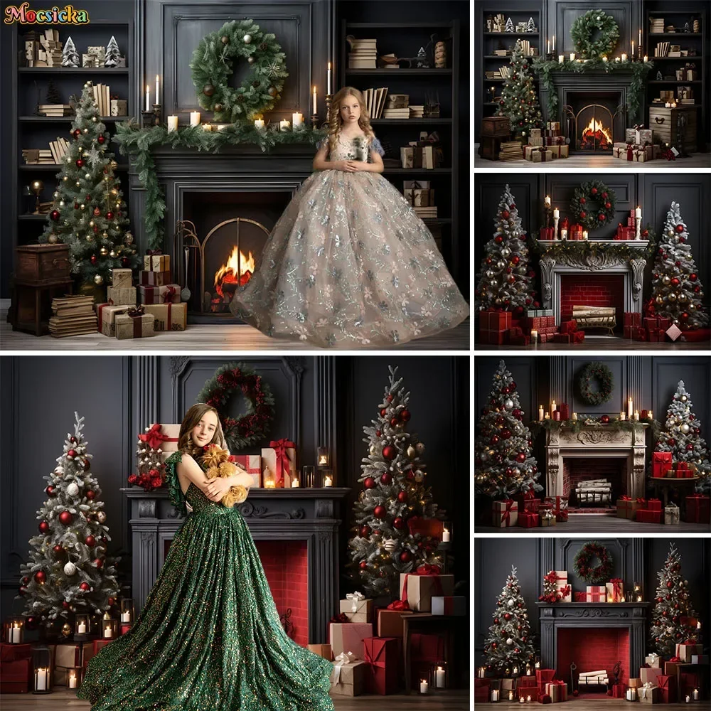 

Retro Christmas Black Wall Decor Fireplace Background Xmas Tree Wreath Gift Stand Backdrop Winter Kids Family Portrait Photozone