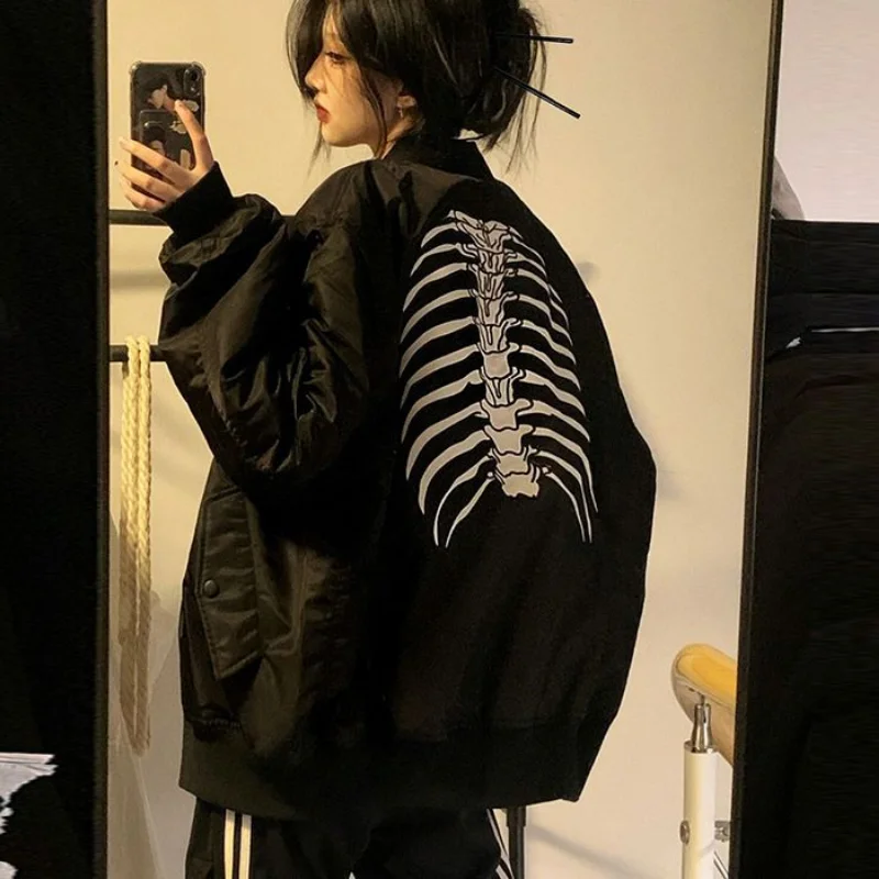 American retro high street skeleton ins dark wind pilot baseball jacket females Y2K couple casual wild sports cardigan jackets