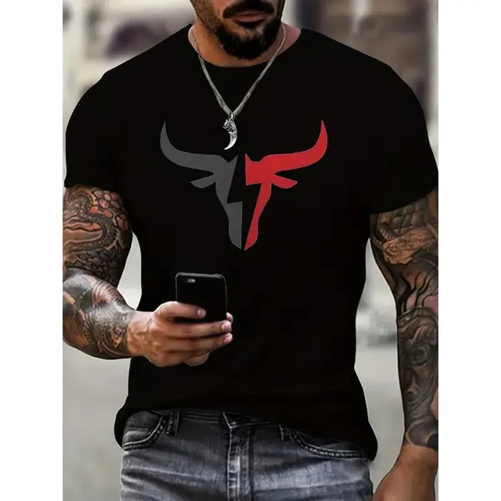 [100% Cotton] Cotton Short Sleeve T-Shirt Men'S Bull Graphic Print T-Shirt, Casual Short Sleeve Crew Neck Tee, Men'S Clothing For Summer Outdoor T-Shirt For Men And Women
