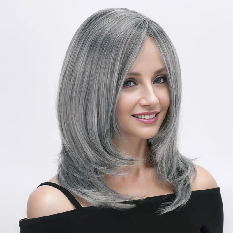 Femme Center raie frange POP Lady Match quotidien grand-mère gris longueur moyenne couvre-chef scène effectuer habiller longueur d'épaule perruque
