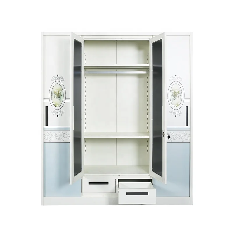 #￥Custom 4 Door Steel Almirah Metal Painting Wardrobe Cabinet Detachable Storage Painted Wardrobe Closets for Bedroom Home