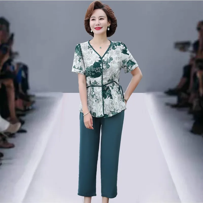 

Summer Suits Chiffon Print V Neck Blouse TOP Pants Suit Short-Sleeve Elderly Women Mother 2 Piece Women Set