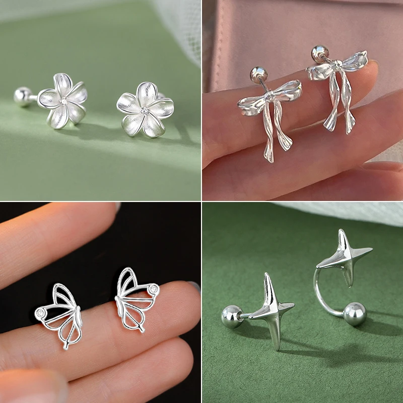 Korean Fashion Tragus Piercing Helix Studs Earrings for Women Sweet Flower Bow Hypoallergenic Daily Wear Jewelry Gift