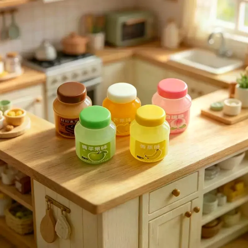 【M】5 piezas de juguetes en miniatura de tarros de mermelada de frutas, 5 sabores surtidos, realistas y bonitos, para casa de muñecas, diorama, decoración artesanal DIY