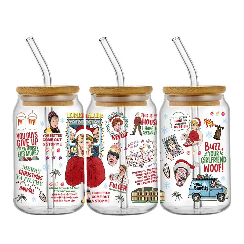 Home Alone Christmas UV DTF Cup Wrap Transfers Stickers For 16oz Libbey Glass Can Personalize Tumbler Selfadhesive Waterproof