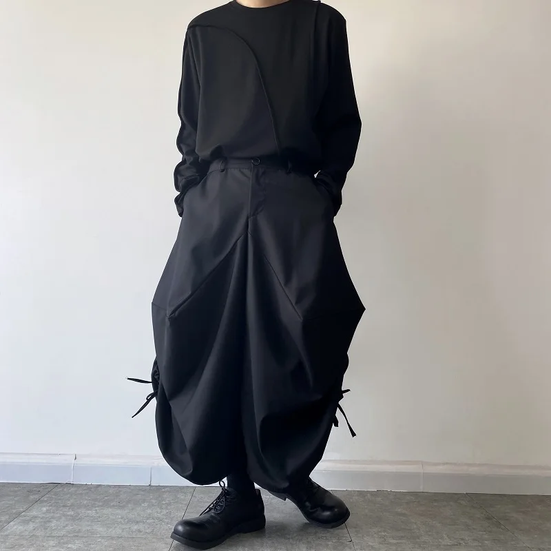 

2023Pants Men's Loose Japan And Casual Women's Cargo Korean Streetwear Fashion Dark Black Harem Skirt Trousers Stage Clothing