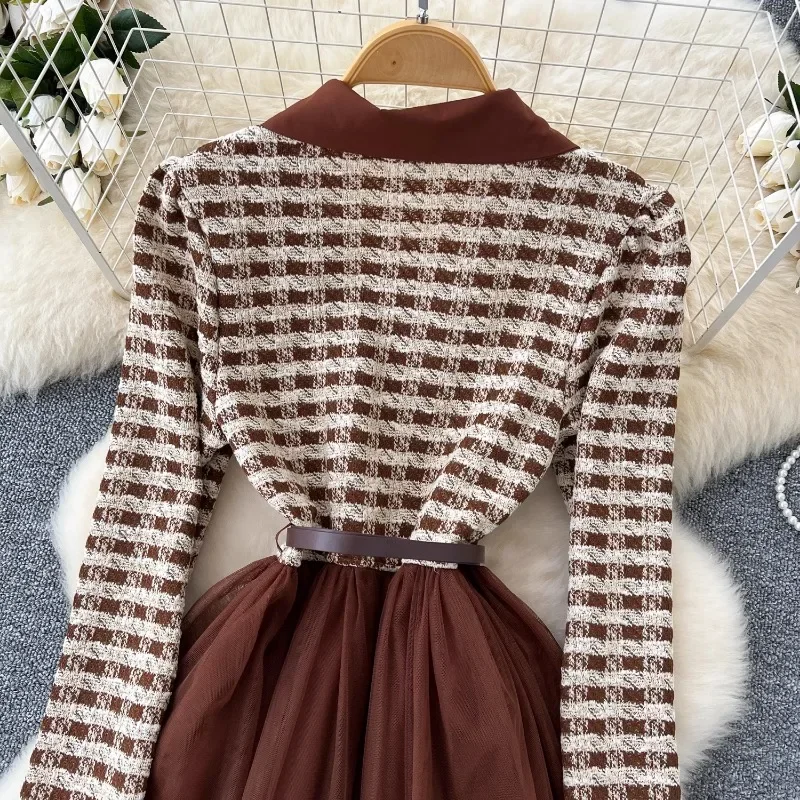 Neploe High End Fragrance Vintage Style Vestidos Femme 2024 Autumn Lapel Long Sleeve Plaid Splicing Waist Slim Mesh Puffy Dress