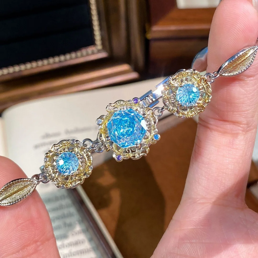 925 Sterling Silver Fashion Octagonal Millennium Rose Cut Diamond-encrusted Bracelet for Women, Small Fish Hand Ornament