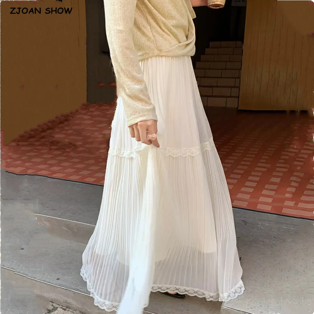 

5 colors 2025 Korean Style Women Solid Color Chiffon Spliced Lace Pleated Skirt Romantic Elastic Waist Ankle Length Maxi Skirts