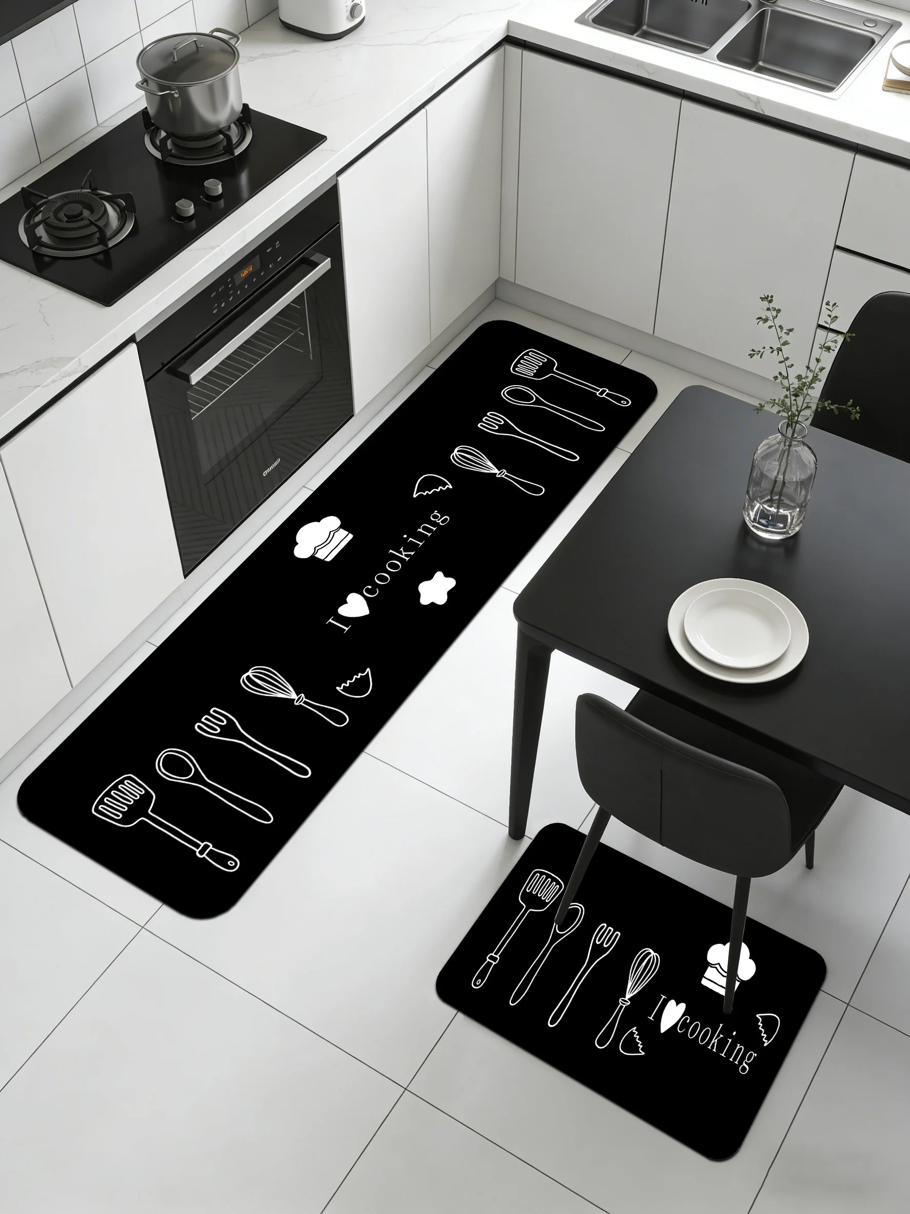 New Minimal Line Drawing Kitchen Utensil Pattern Kitchen & Bath Mat, Non-Slip, High Water Absorption, Easy to Clean.