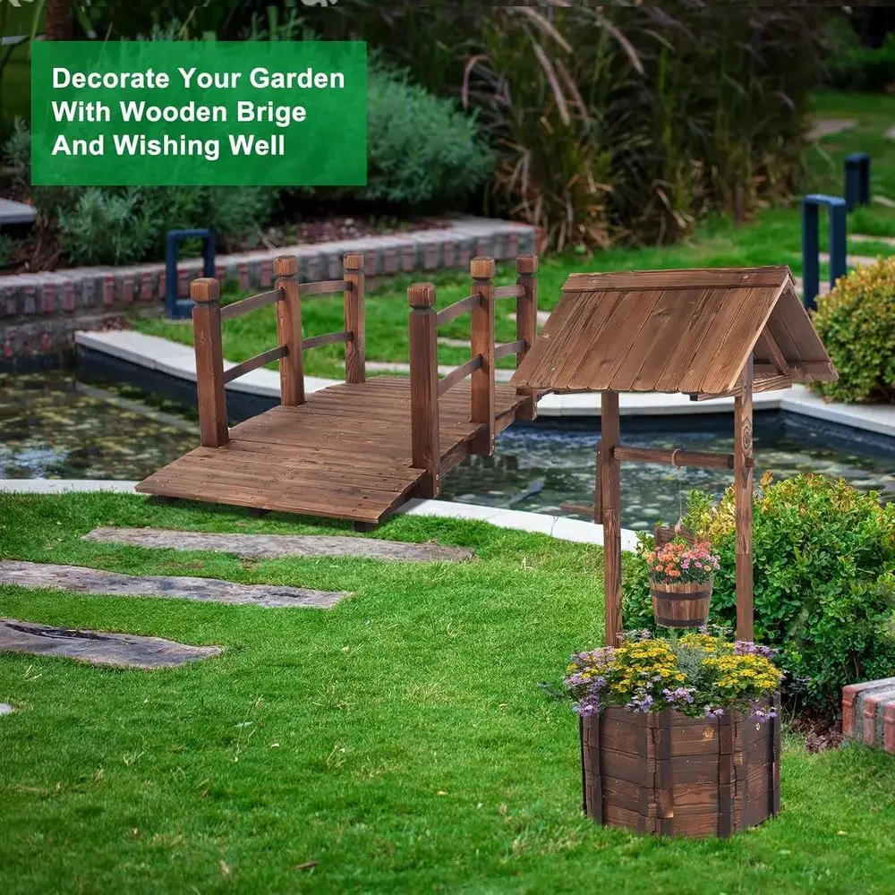 Rustic Garden Bridge and Wishing Well Set for Country-Themed Outdoor Weddings and Backyard Decor