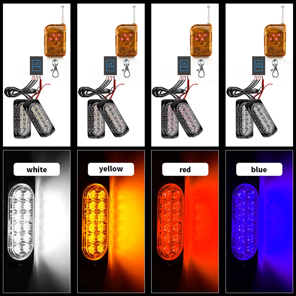 DC12-24V Strobe Lights With Remote Control 12LED Car Side Marker Lights Grille Lights 16 Modes Warning Emergency Lights Truck