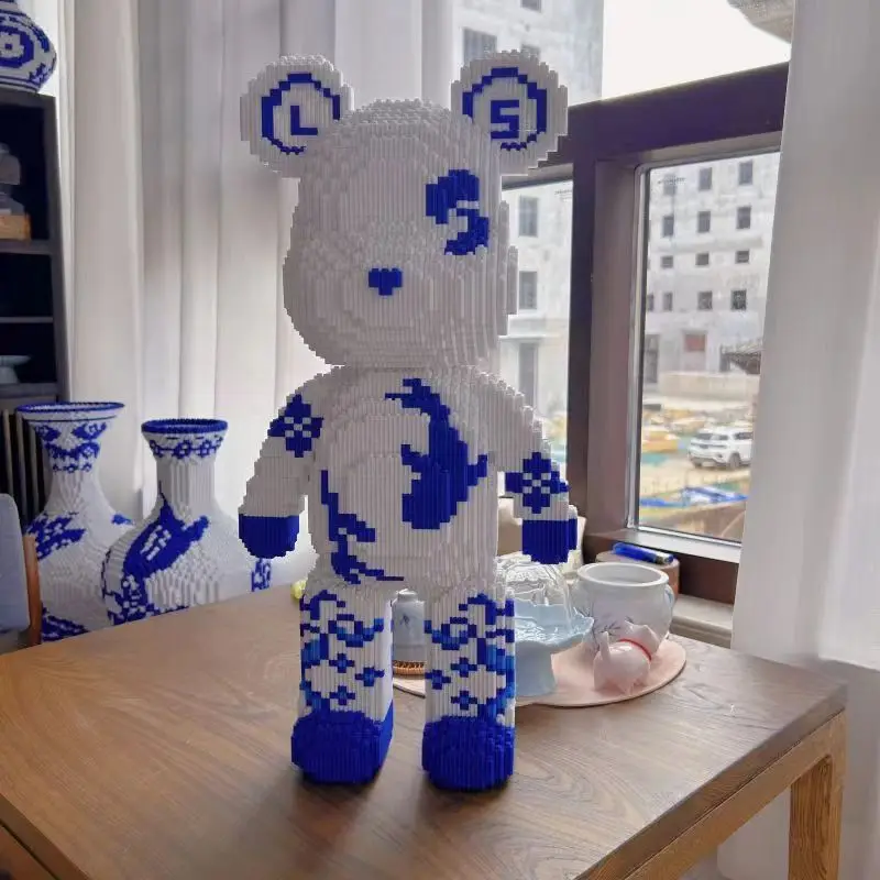 Chinese Style Blue and White Porcelain Violent Bear Building Block Small Particle Assembly Children's Puzzle Toy