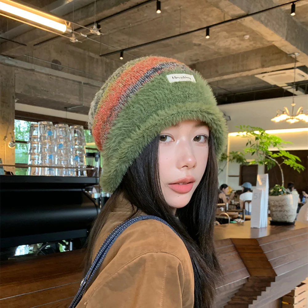 Women Knit Beanie Hat Rainbow Colorblock Thermal Earflap Winter Warm Stretchy Plus Size Slouchy Crochet Cap