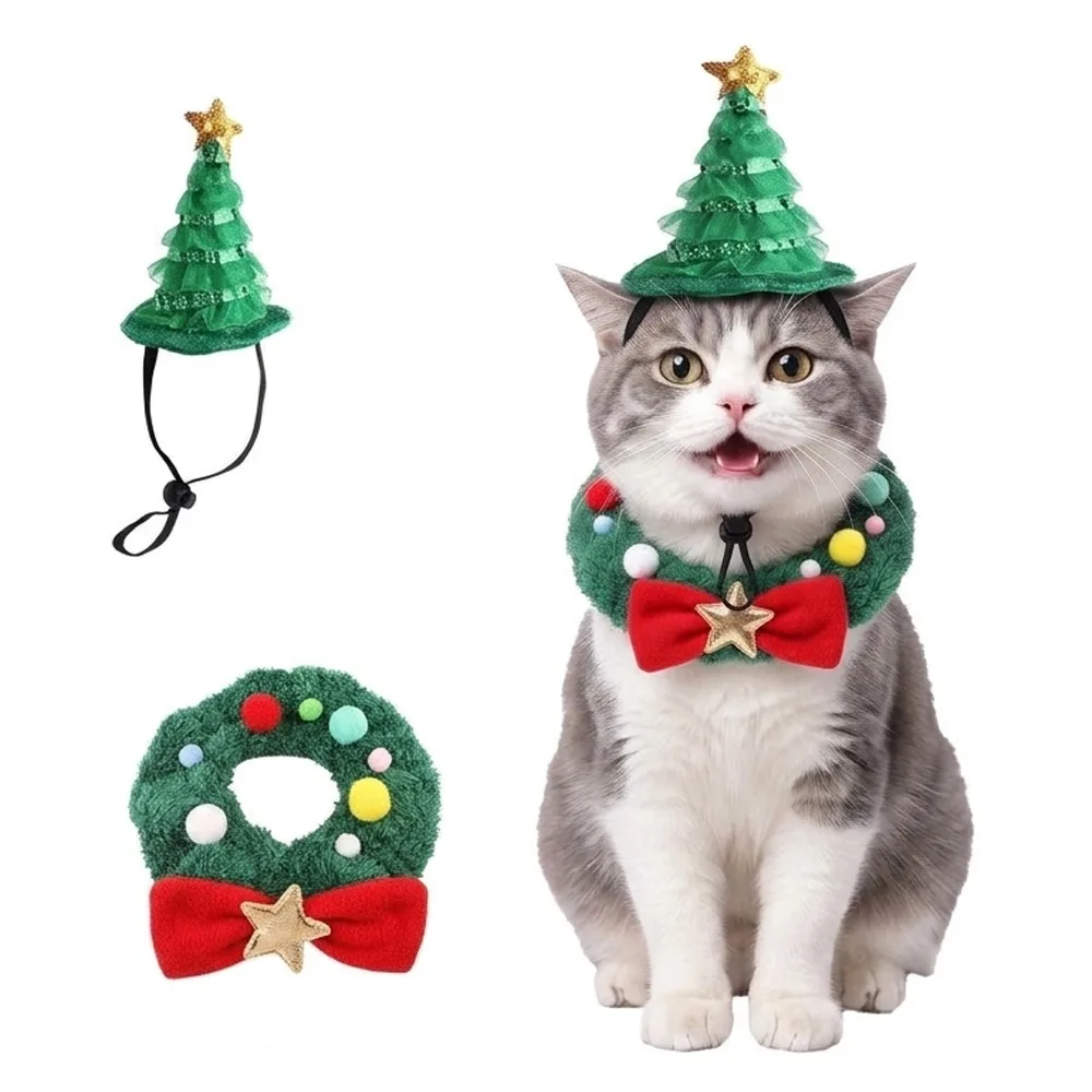 Adjustable Pet Christmas Hat Collar Kit Skin-Friendly with Star Bow Pet Tree-Shaped Hat Fluffy Plush Breathable